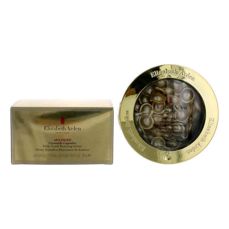 Elizabeth Arden Ceramide 60-day supply of Advanced Daily Youth Restoring Serum Capsules, showing the container and capsules inside