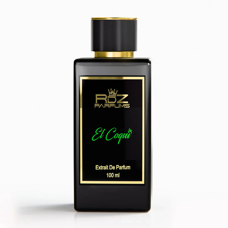 El Coqui RDZ Extrait de Parfum 100ml bottle with elegant packaging, showcasing the luxury fragrance by Pertinacia LLC.