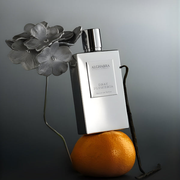 Gray Plumeria perfume by Alghabra Parfums in a 1.69 oz bottle, featuring a sleek gray design and elegant packaging.