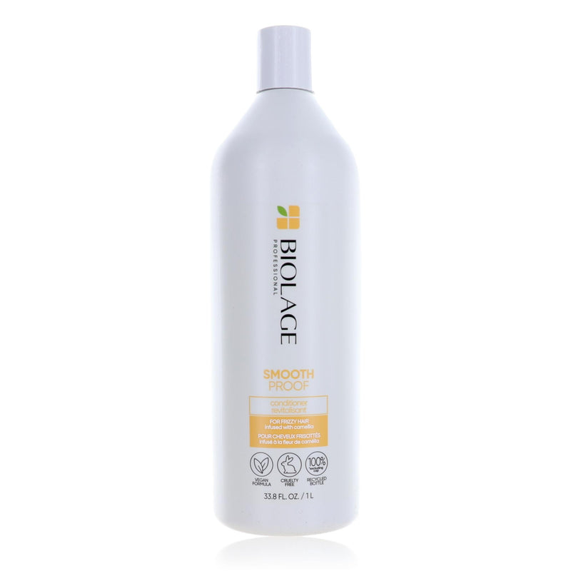 Biolage Smooth Proof conditioner for frizzy hair, 1 liter bottle, with a sleek design and smooth, shiny hair visible in the image.