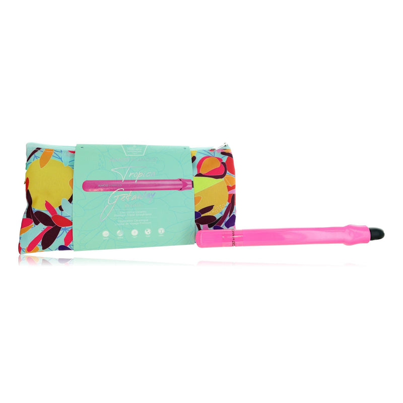Almost Famous Tropico Getaway Tourmaline-Ceramic flat iron with travel bag, shown on a neutral surface with its sleek design.