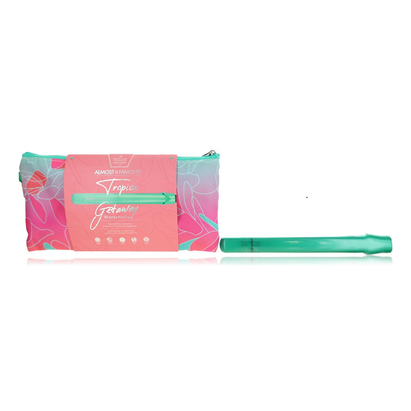 Almost Famous Tropico Getaway tourmaline ceramic flat iron with watermellow travel bag, shown in a compact, portable design.