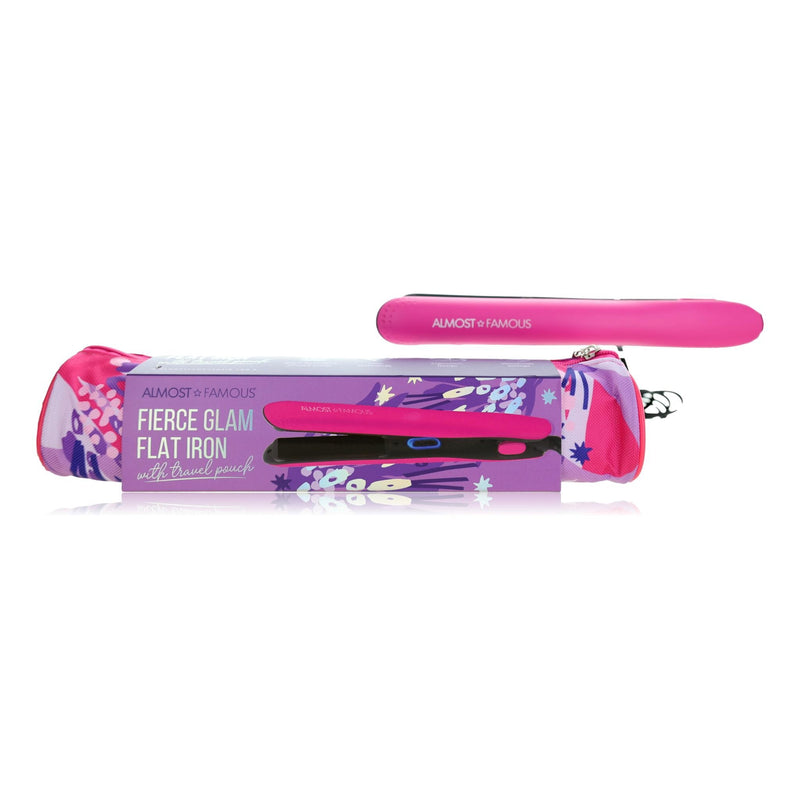 Pink Fierce Glam flat iron by Almost Famous with travel pouch, featuring sleek design and compact travel-friendly styling tool.