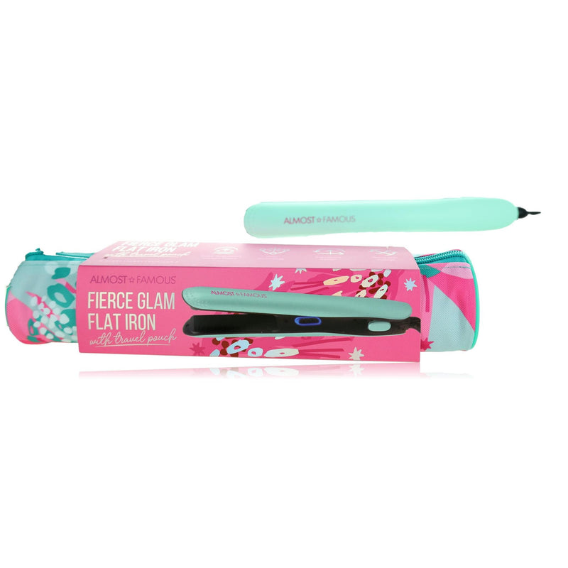 Almost Famous Fierce Glam flat iron in turquoise with travel pouch, showcasing its sleek design and compact size for styling on the go.