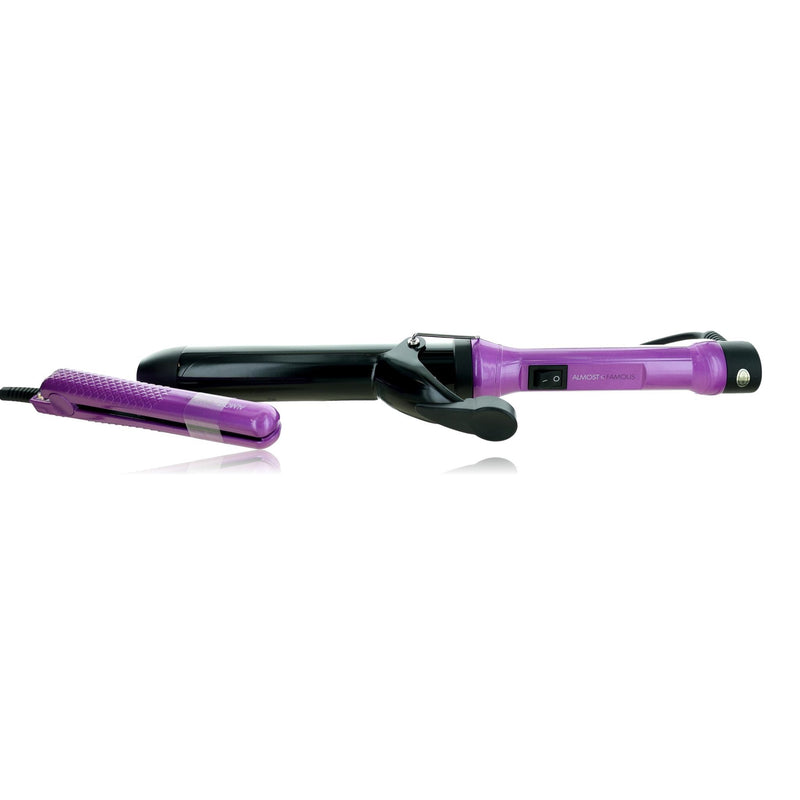 Almost Famous Mermaid Waves 2-piece set with curling wand and mini to-go in Paradox Purple, featuring vibrant, curly hair accessories.
