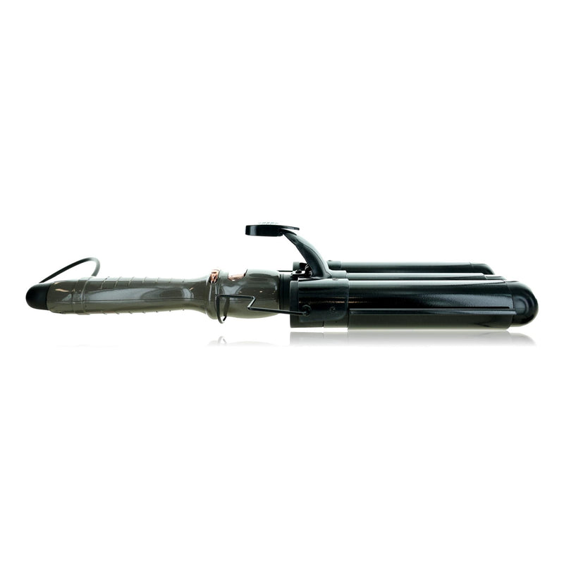 Almost Famous triple barrel clip curling system in charcoal gray, featuring professional hair styling tools with a sleek design.