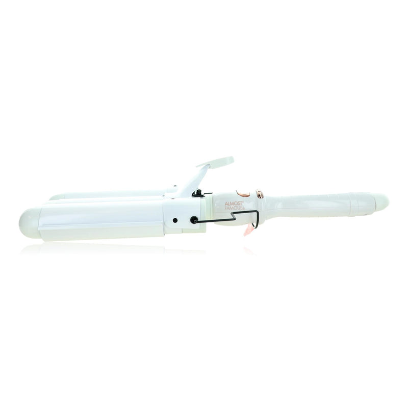 Almost Famous Triple Barrel Clip Curling System in pearlescent white, featuring a professional ceramic design for easy styling.