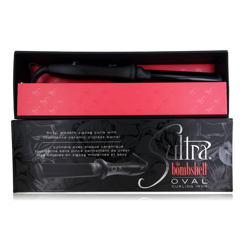 Sultra Bombshell Oval Rod Curling Iron with black handle and barrel for creating voluminous, styled curls and waves.