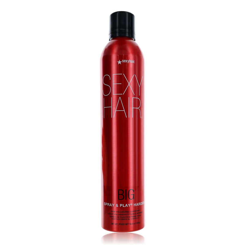 Big Spray & Play Harder Sexy Hair 10 oz firm hairspray in a spray bottle, designed for strong hold and styling.