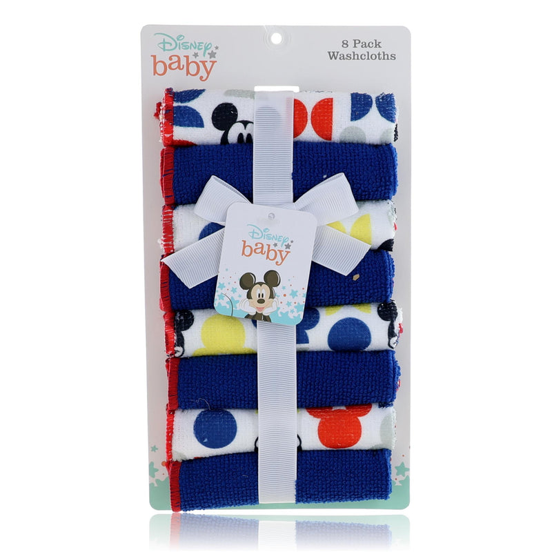 Disney Mickey Mouse washcloths for babies, bright 8-pack, soft cotton cloths featuring Mickey Mouse design, perfect for gentle cleaning.