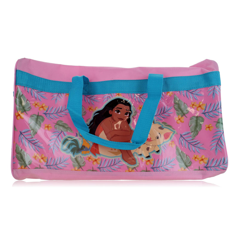 Disney Moana duffle bag for kids with colorful Moana character print, durable fabric, and adjustable strap for travel or sport use.
