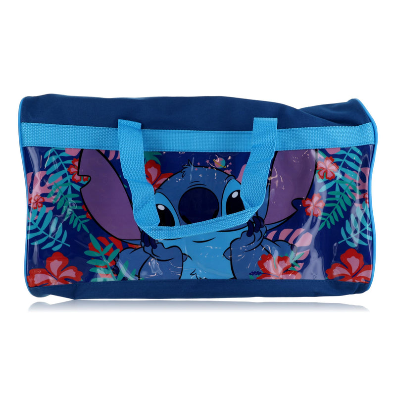 Disney Stitch duffle bag for kids, featuring colorful Stitch design, made of durable fabric with shoulder strap and zipper closure.
