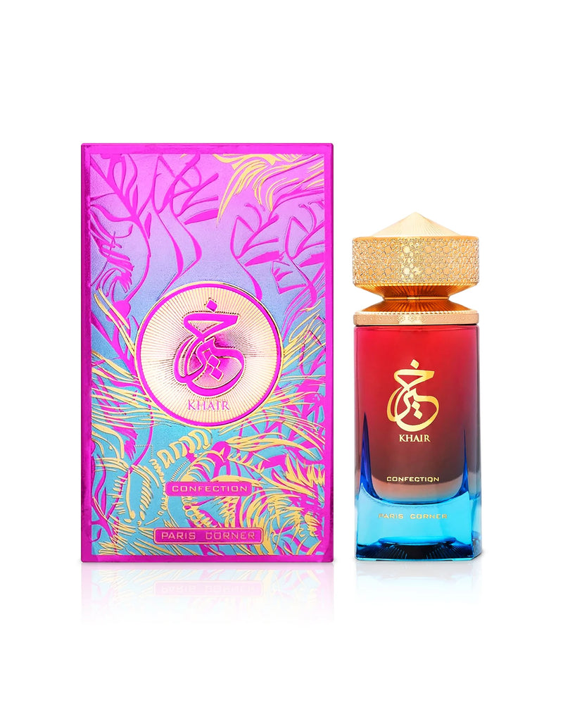 Paris Corner Khair Cofection perfume bottle by Pertinacia Perfume with its box against a white background.