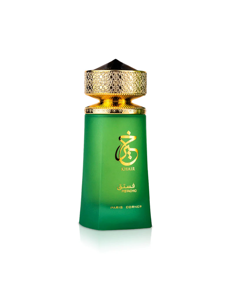 Paris Corner Khair Pistachio perfume bottle by Pertinacia Perfume displayed against a white background.