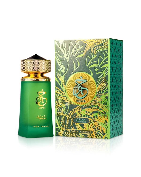 Paris Corner Khair Pistachio perfume bottle by Pertinacia Perfume with box, featuring a sleek design against a white background.