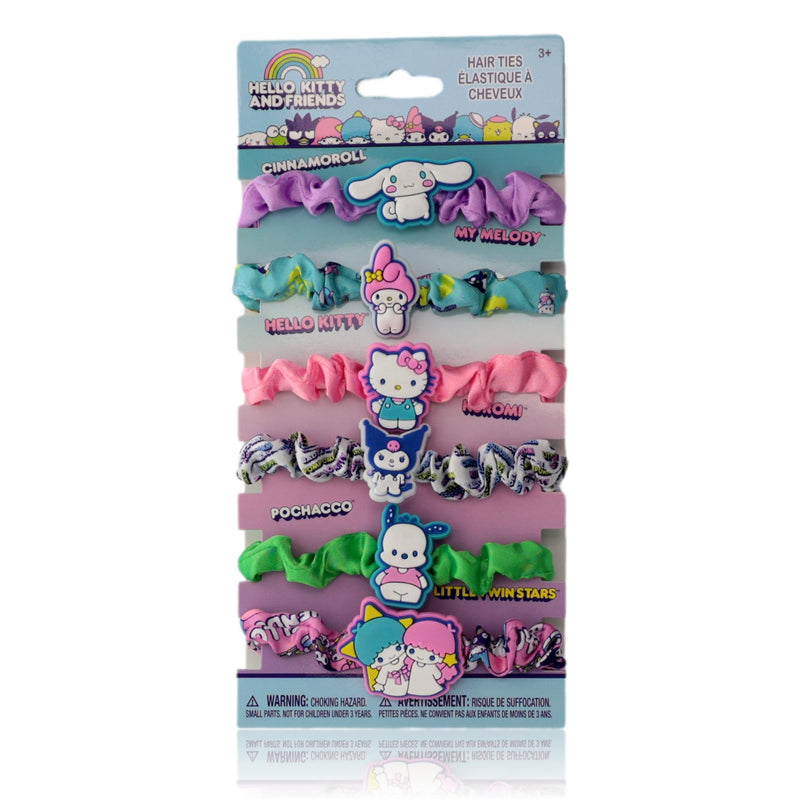 Set of six Hello Kitty & Friends hair ties featuring colorful character designs, perfect for kids' hair accessories.