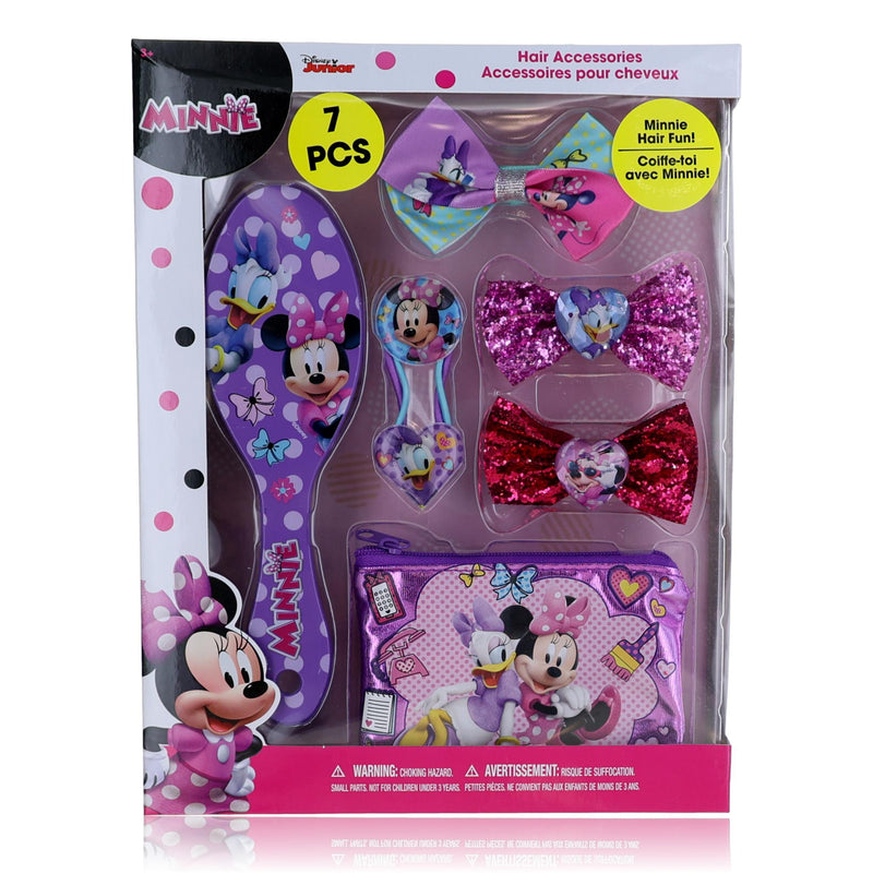 Disney Minnie Mouse hairbrush and accessories set for kids, featuring colorful hairbrush, scrunchies, and clips with Minnie Mouse design.
