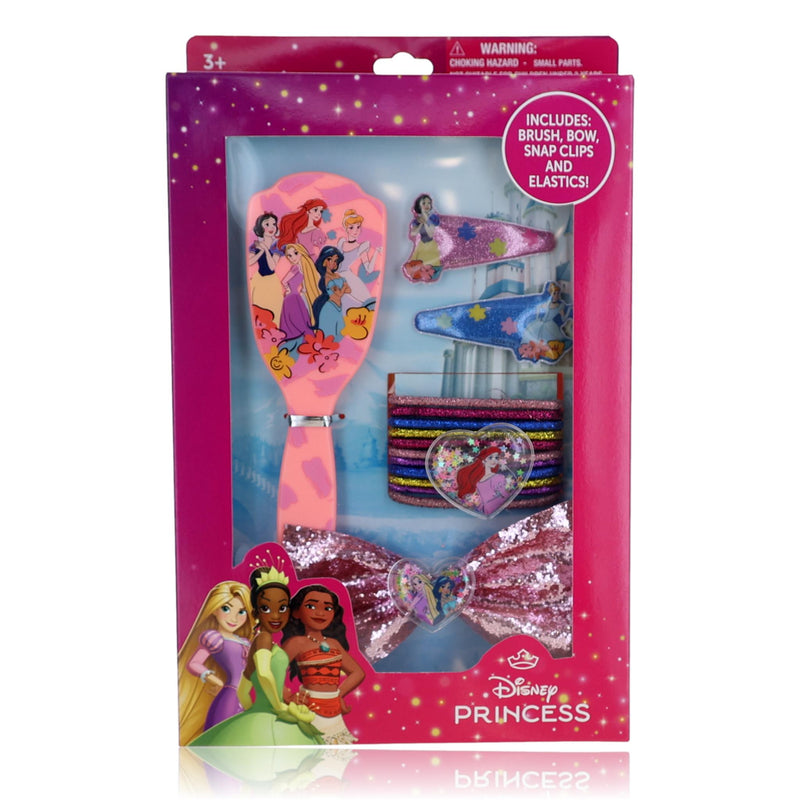 Disney Princess hairbrush and accessories set for kids, includes 15 colorful hair tools and decorative hair clips by Disney.