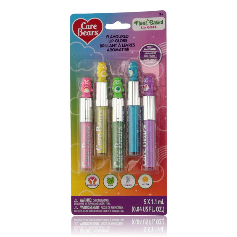 Colorful Care Bears 5-piece lip gloss set for kids featuring fun, kid-friendly packaging and playful Care Bears characters.