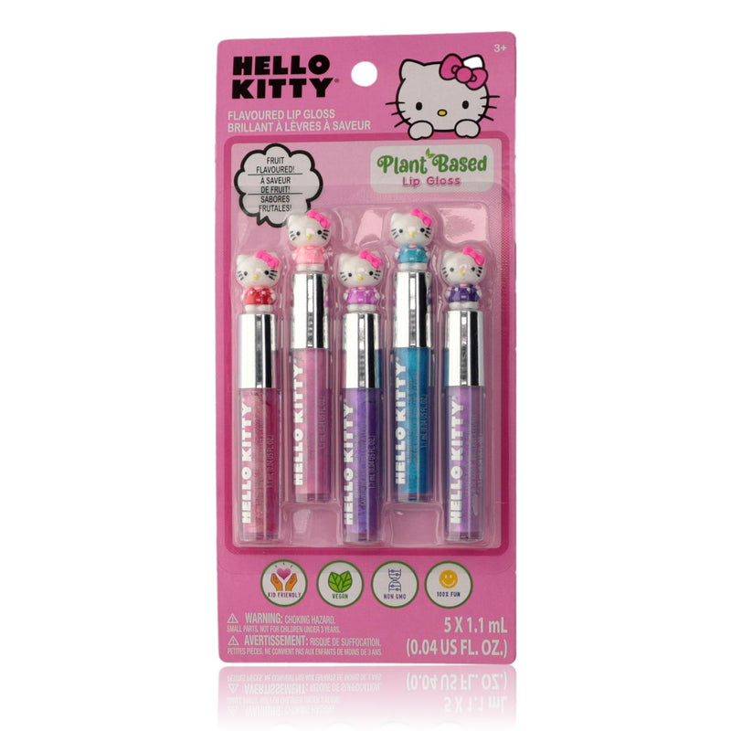 Hello Kitty 5-piece lip gloss set for kids featuring cute Hello Kitty packaging and colorful glosses in a physical product image.