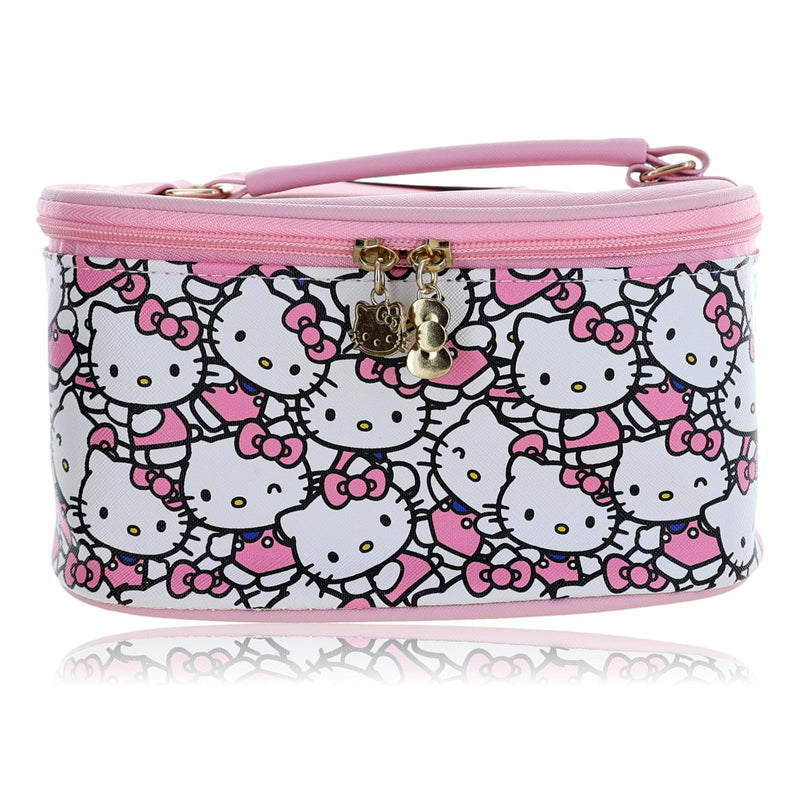 Colorful Hello Kitty cosmetics bag by Sanrio for kids, featuring a cute cartoon Hello Kitty design and zipper closure.