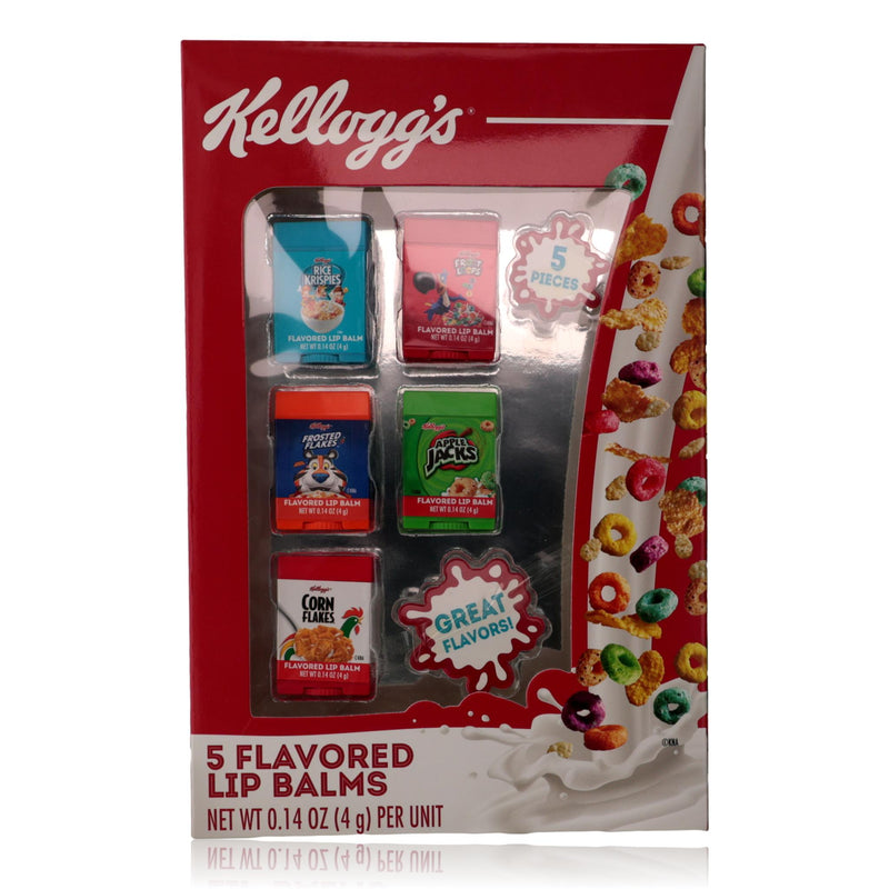 Kellogg's flavored lip balm for kids, 5-piece set with colorful packaging and fun cartoon design, suitable for children.