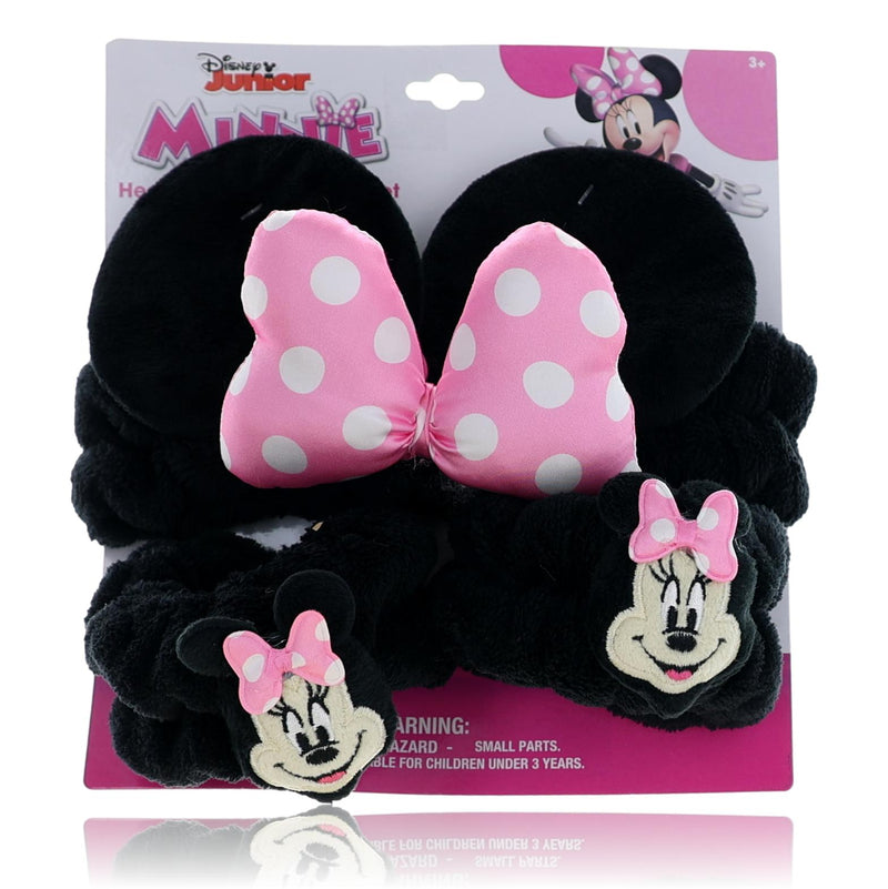 Disney Minnie Mouse plush headband and wristband set for kids featuring soft fabric and iconic Minnie Mouse ears and bow.