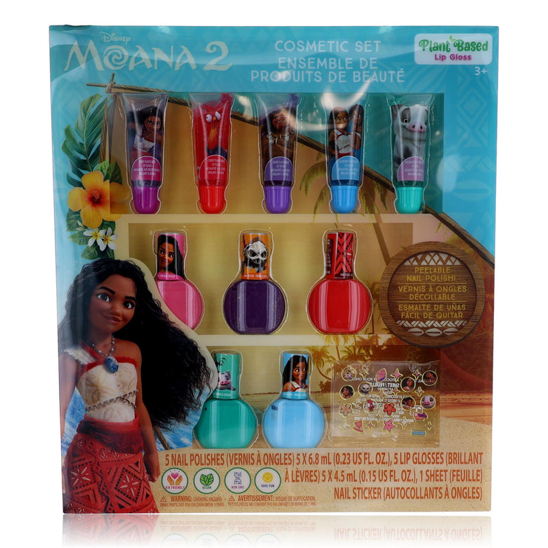 Disney Moana lip and nail cosmetic set for kids, 11-piece physical beauty kit featuring Moana-themed lip gloss and nail accessories.