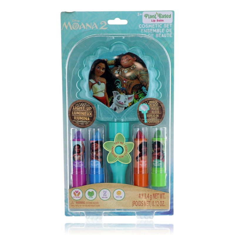 Disney Moana light-up mirror and lip balm set for kids, featuring five colorful cosmetic items with Moana theme.