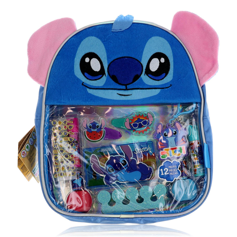 Disney Stitch 12-piece kids cosmetic set with colorful bag, includes fun makeup and accessories for children.
