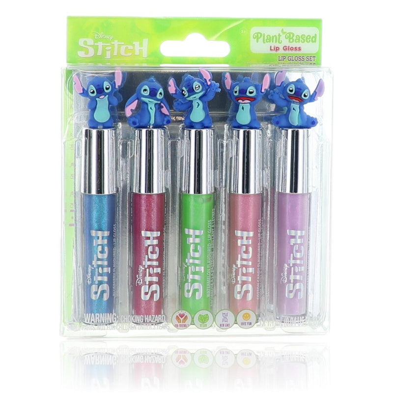 Disney Stitch lip gloss set for kids with five colorful tubes featuring Stitch character designs in a fun, kid-friendly packaging.