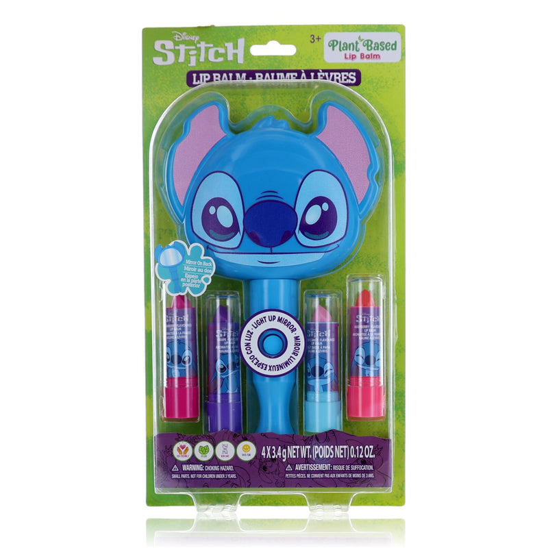Disney Stitch light-up mirror and lip balm set for kids, featuring five colorful cosmetic items in a playful Disney-themed package.
