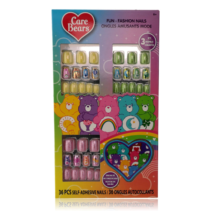 Care Bears press-on nails for kids, 36-piece set featuring colorful, fun Care Bears designs and easy-to-apply nail tips.
