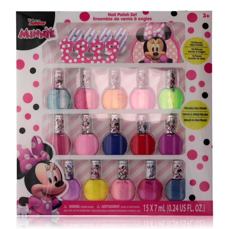 Disney Minnie Mouse 15-piece nail polish set for kids featuring colorful bottles with Minnie Mouse design, ideal for children's nail art.