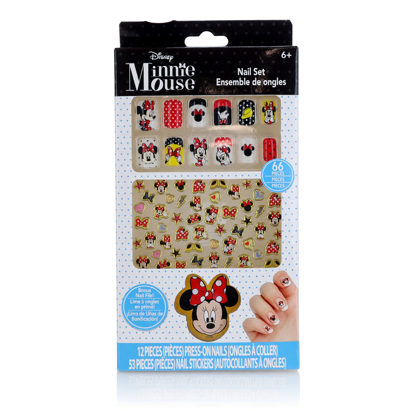 Disney Minnie Mouse nail art set for kids with 66 colorful nail stickers and tools featuring Minnie Mouse characters.