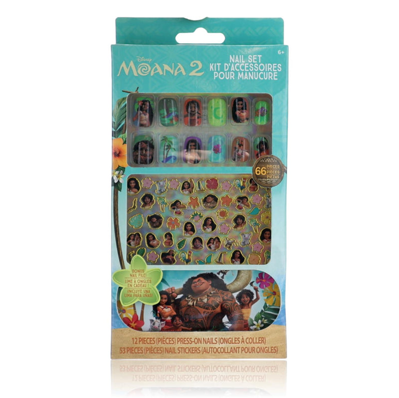 Disney Moana nail art set for kids, 66-piece manicure and nail decoration kit with colorful designs and themed accessories.