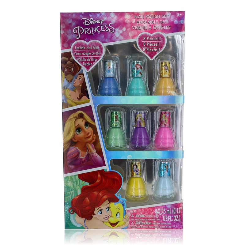 Set of 8 Disney Princess nail polish bottles for kids, featuring colorful packaging and princess-themed designs by Disney.