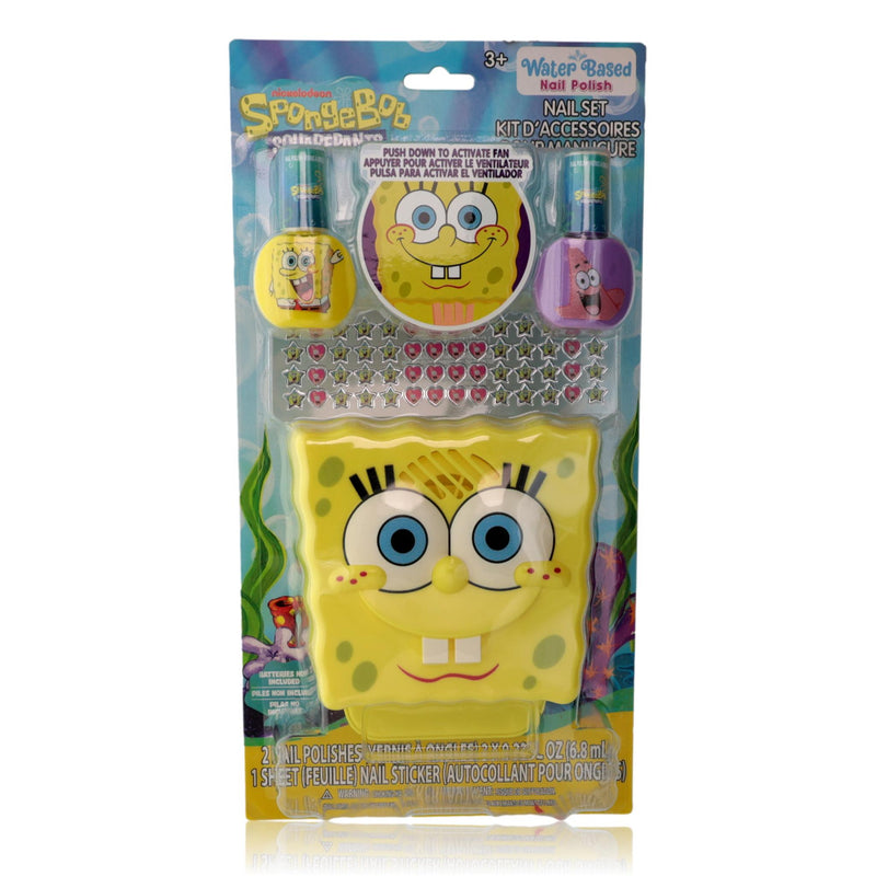 SpongeBob SquarePants nail set with colorful nail polish and accessories, includes a small nail dryer for kids' nail art.