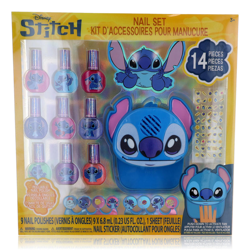 Disney Stitch nail set with 14 colorful nails and small nail dryer for kids, featuring fun Stitch design.