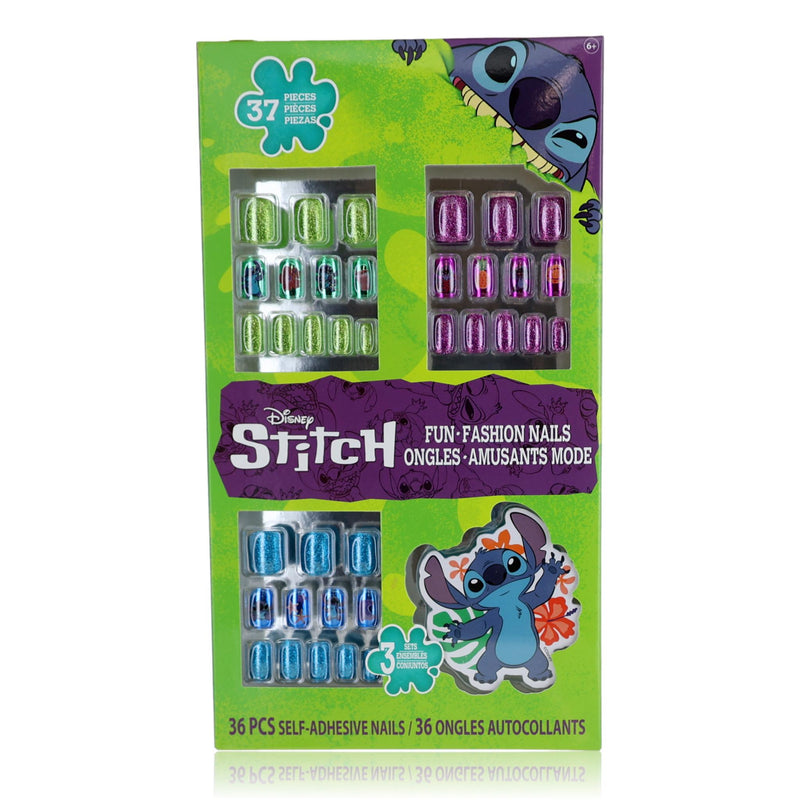 Disney Stitch press-on nails for kids, 37-piece set featuring colorful Stitch-themed nail designs and easy application.