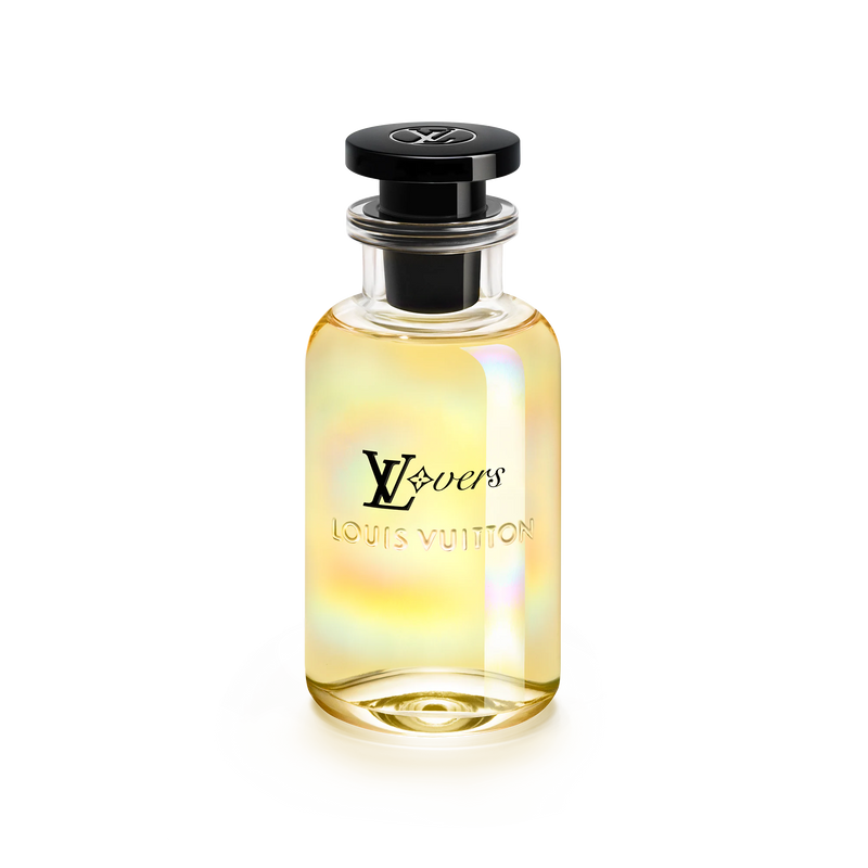 Louis Vuitton LV Lovers decant sample in a clear container, showcasing the fragrance's elegant packaging and branding.