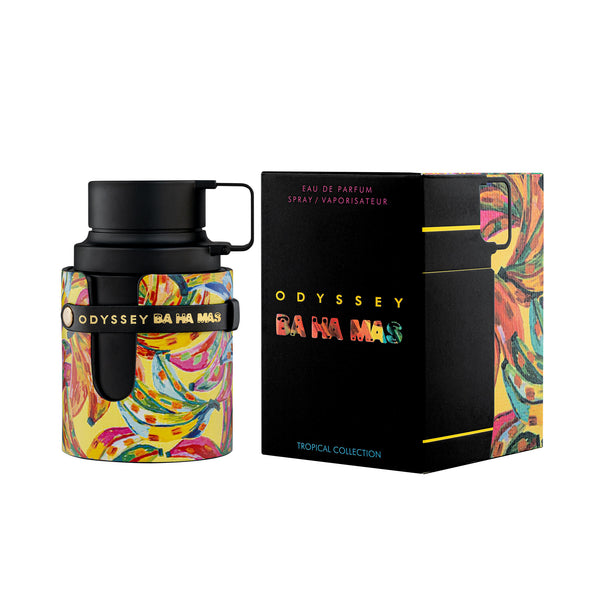 Odyssey Bahamas 3.4oz EDP by Armaf, perfume bottle with elegant design and clear branding, set against a neutral background.