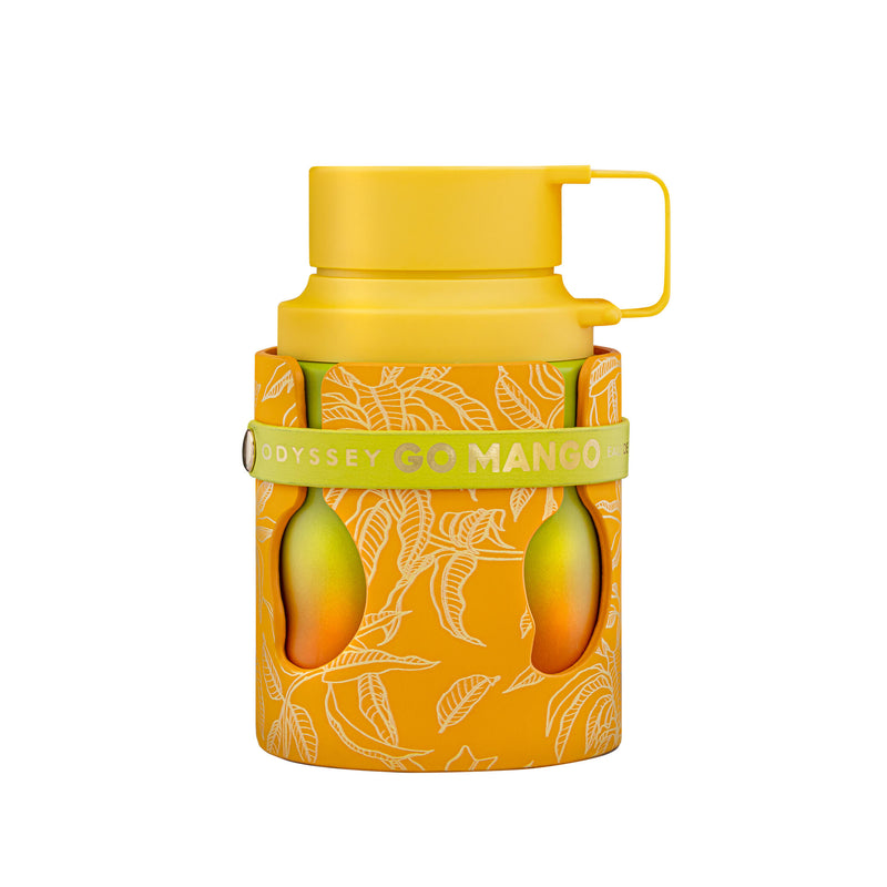 Armaf Odyssey Go Mango 3.4oz EDP perfume bottle with mango-themed design, showcasing the fragrance's vibrant and fresh scent.