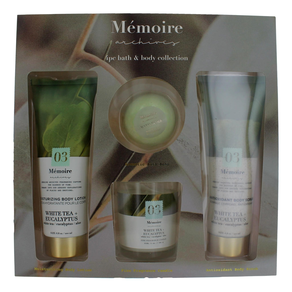 White Tea + Eucalyptus by Memoire Archives, 4 Piece Bath & Body Set for Unisex - Pertinacia Perfume