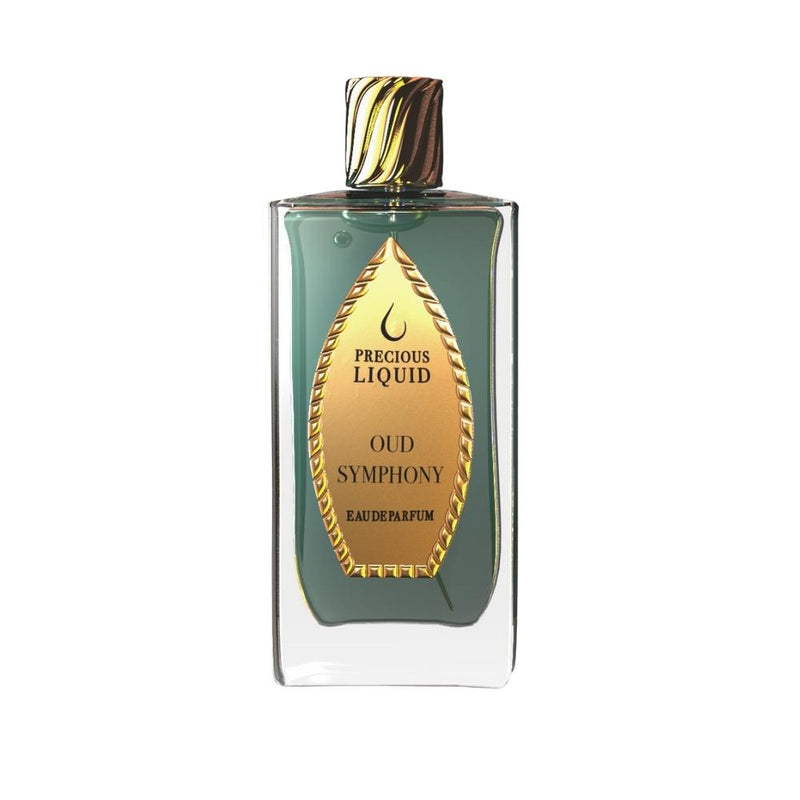 Oud Symphony Precious Liquid perfume bottle from Online Warehouse, 2.5 oz, elegant glass container with a sleek design.