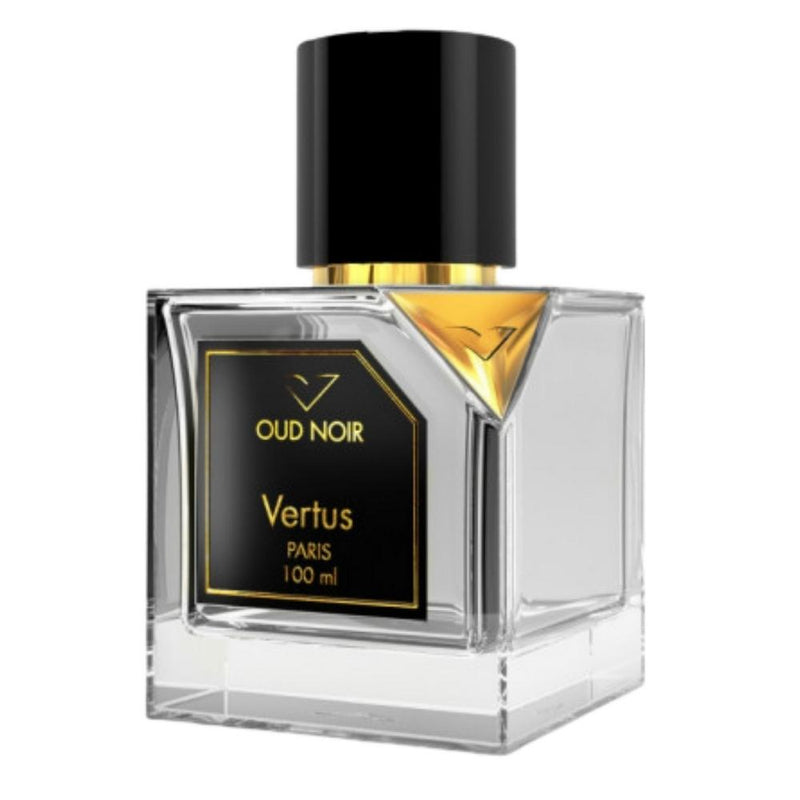 Oud Noir Vertus perfume bottle, 3.4 oz, Elegant fragrance with dark glass and silver accents, luxurious cologne for men