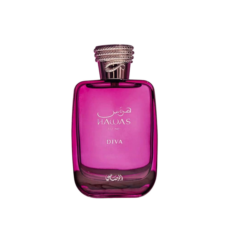 Hawas Diva 3.4oz Eau de Parfum for women by Rasasi, elegant perfume bottle with floral and fruity notes.