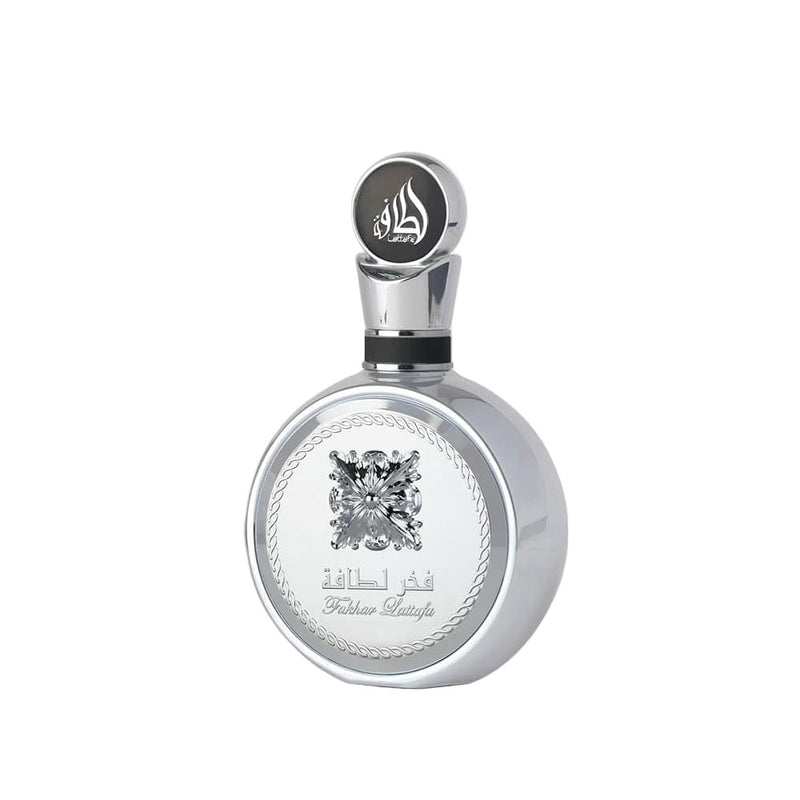 Fakhar Platinum 3.4oz EDP perfume by Lattafa, featuring a sleek bottle with a silver cap, designed for elegant fragrance.