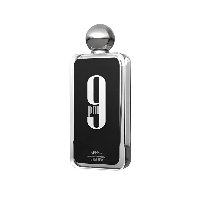 A 3.4 oz bottle of 9 PM by Afnan Eau De Parfum in a sleek bottle with black and gold accents, displayed on a neutral background.