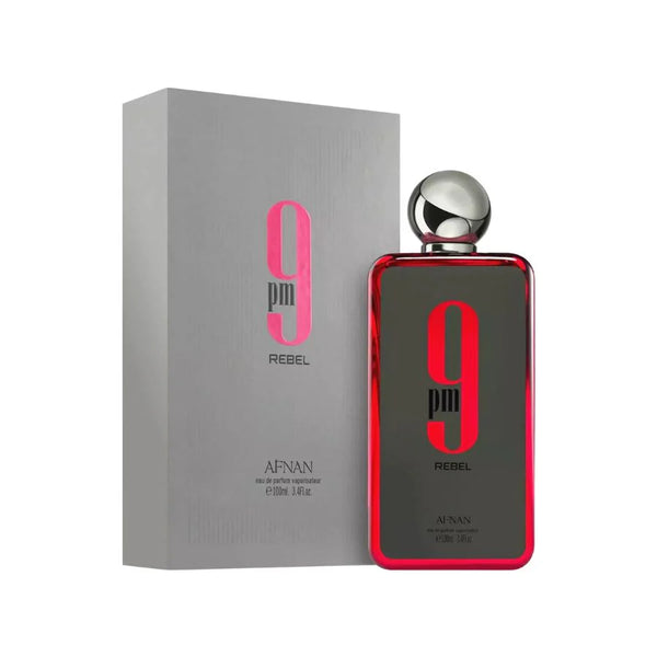Afnan 9 PM Rebel perfume bottle, 3.4 oz EDP, with sleek black and gold design, displayed on a neutral background.